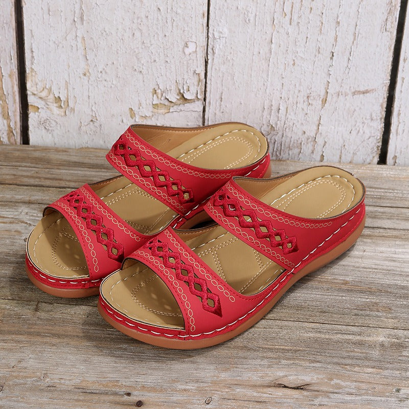 Retro car line anti slip round toe sloping heel comfortable one line sandals for women - Free Shipping - aurelia-clothing-8955