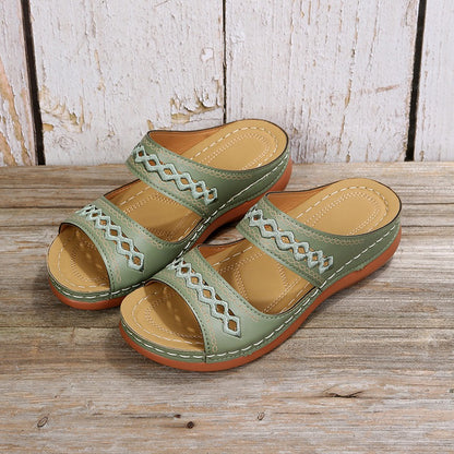 Retro car line anti slip round toe sloping heel comfortable one line sandals for women - Free Shipping - aurelia-clothing-8955