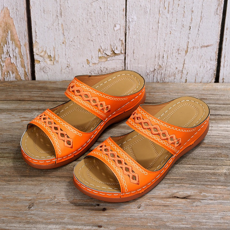 Retro car line anti slip round toe sloping heel comfortable one line sandals for women - Free Shipping - aurelia-clothing-8955