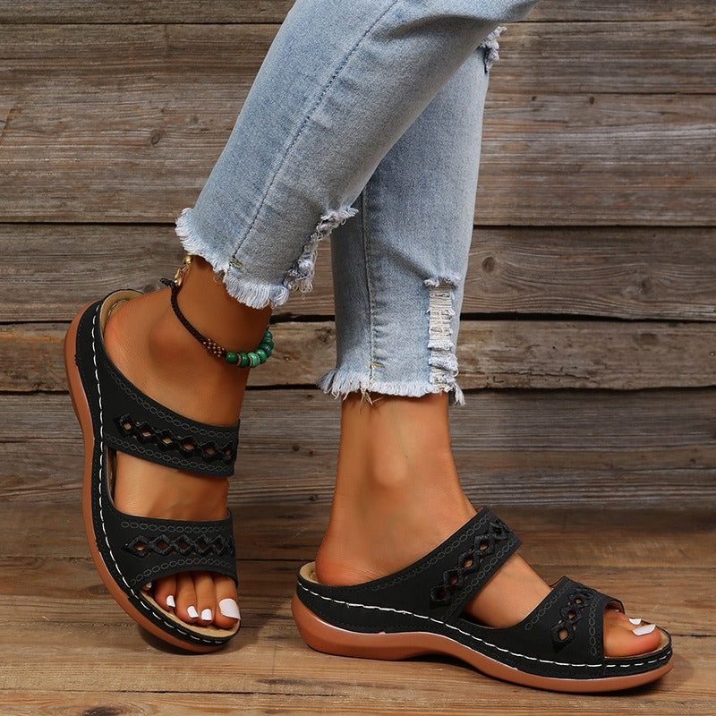 Retro car line anti slip round toe sloping heel comfortable one line sandals for women - Free Shipping - aurelia-clothing-8955