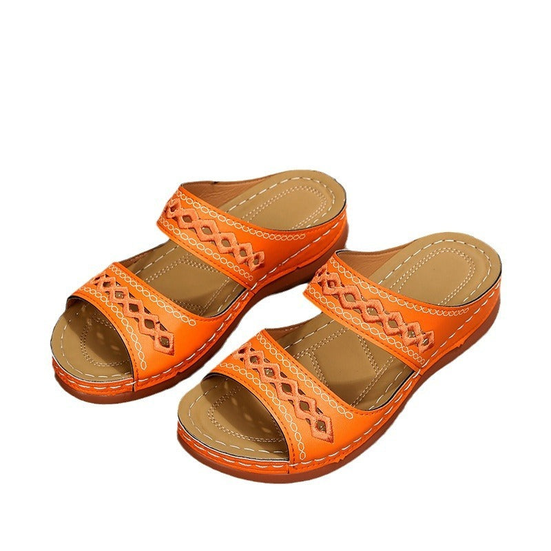 Retro car line anti slip round toe sloping heel comfortable one line sandals for women - Free Shipping - aurelia-clothing-8955