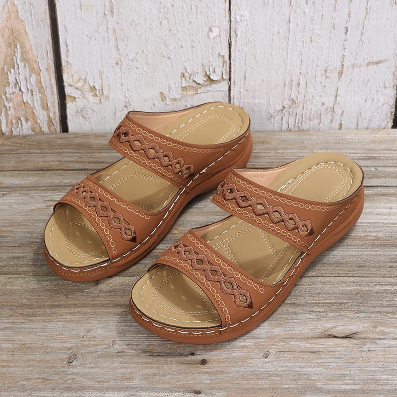 Retro car line anti slip round toe sloping heel comfortable one line sandals for women - Free Shipping - aurelia-clothing-8955