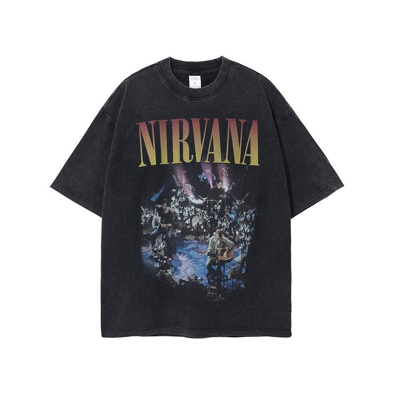 Retro washed and distressed band printed T-shirt for men and women couple Oversize short sleeved - Free Shipping - aurelia-clothing-8955