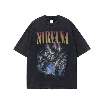 Retro washed and distressed band printed T-shirt for men and women couple Oversize short sleeved - Free Shipping - aurelia-clothing-8955