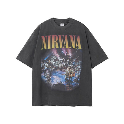 Retro washed and distressed band printed T-shirt for men and women couple Oversize short sleeved - Free Shipping - aurelia-clothing-8955