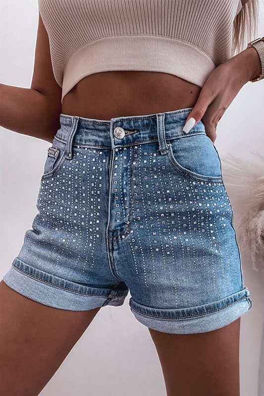 Rhinestone High Waist Denim Shorts - aurelia-clothing-8955