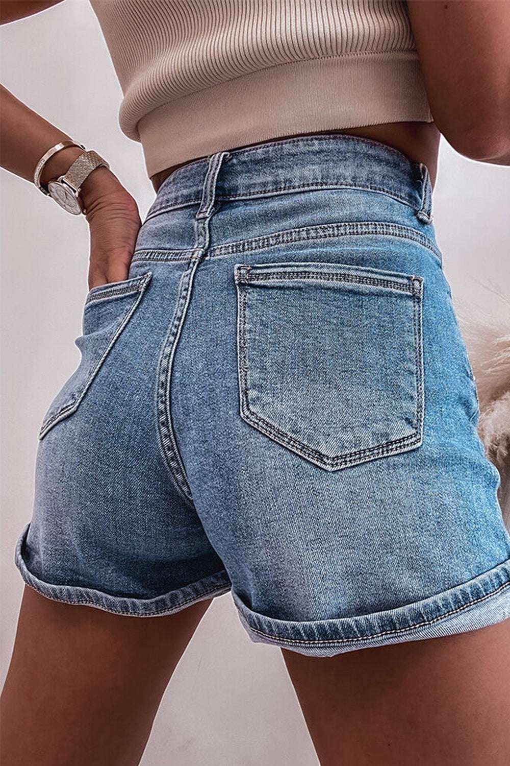 Rhinestone High Waist Denim Shorts - aurelia-clothing-8955