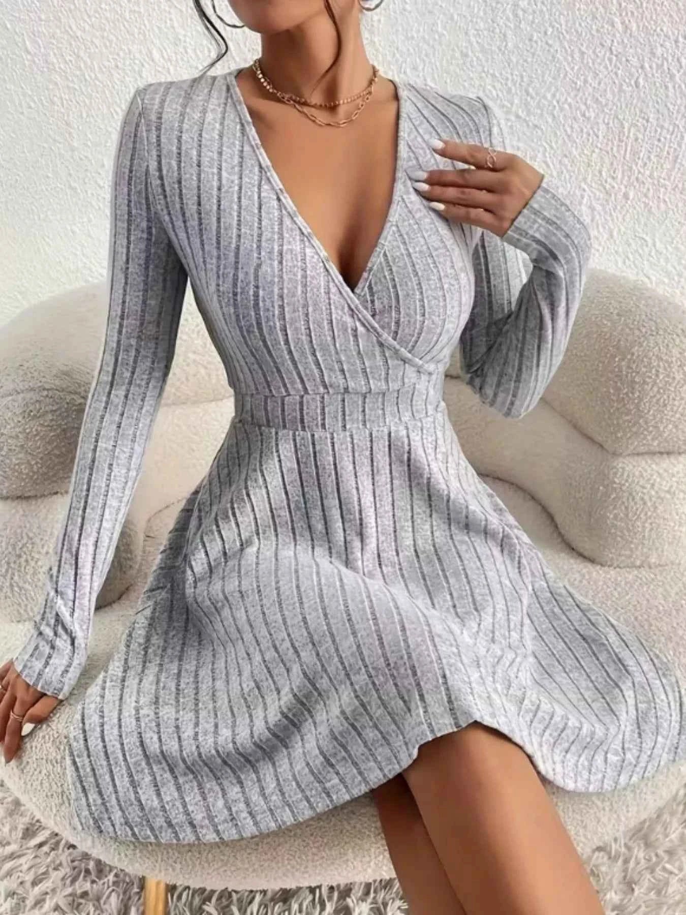 Ribbed Knit Wrap Mini Dress - Free Shipping - aurelia-clothing-8955
