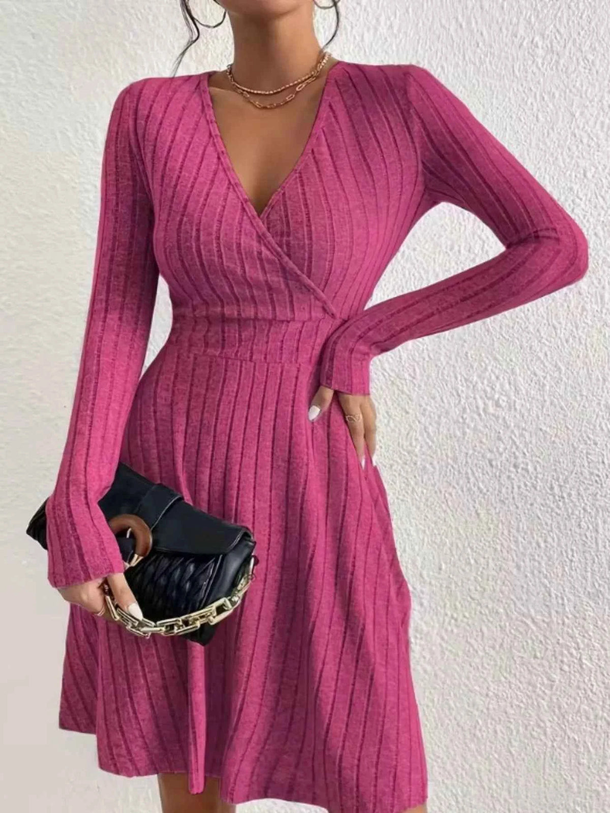 Ribbed Knit Wrap Mini Dress - Free Shipping - aurelia-clothing-8955