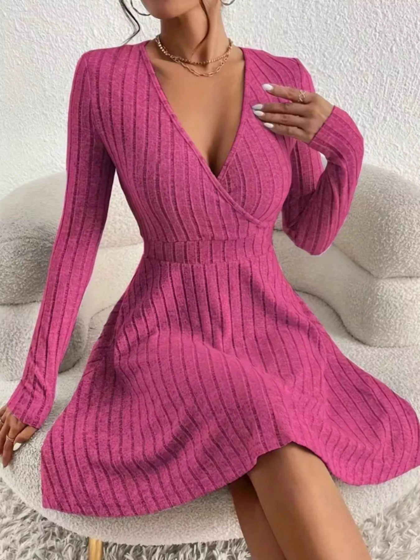 Ribbed Knit Wrap Mini Dress - Free Shipping - aurelia-clothing-8955