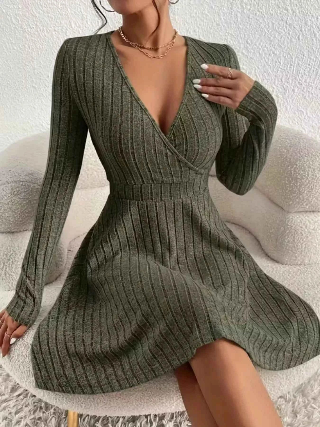Ribbed Knit Wrap Mini Dress - Free Shipping - aurelia-clothing-8955