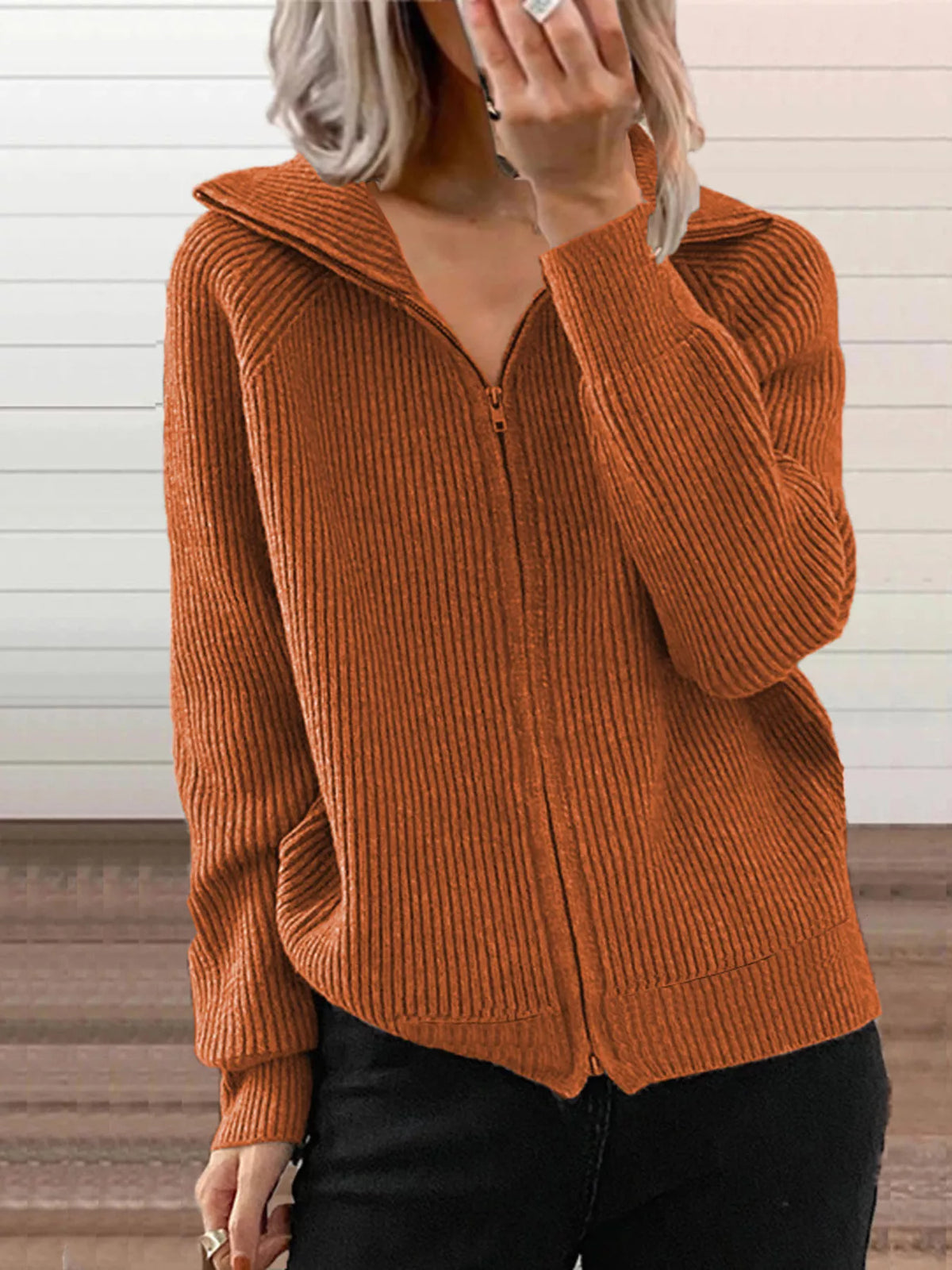 Ribbed Knit Zip-Up Outerwear Plus Size-Free Shipping - aurelia-clothing-8955