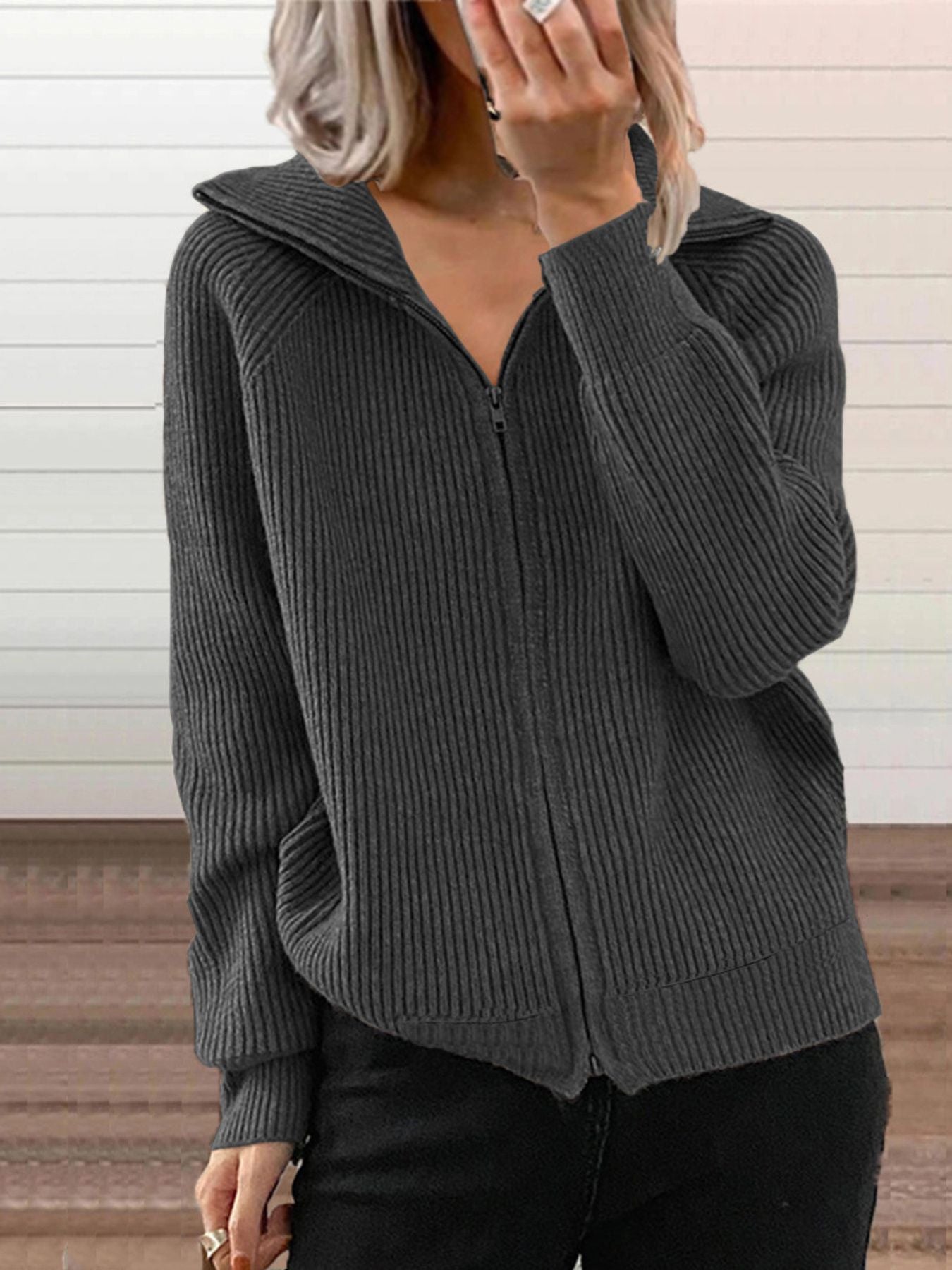 Ribbed Knit Zip-Up Outerwear Plus Size-Free Shipping - aurelia-clothing-8955