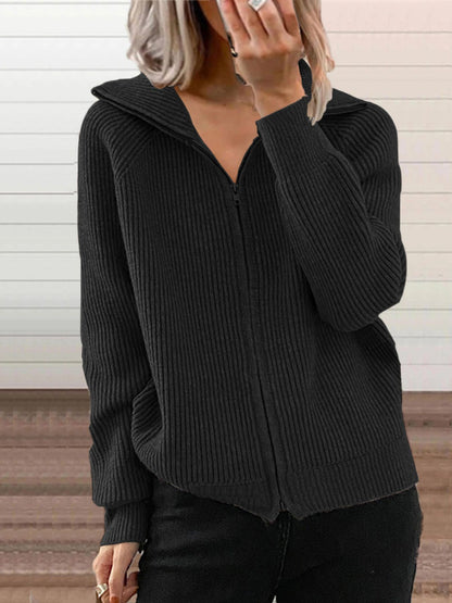 Ribbed Knit Zip-Up Outerwear Plus Size-Free Shipping - aurelia-clothing-8955