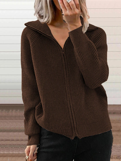 Ribbed Knit Zip-Up Outerwear Plus Size-Free Shipping - aurelia-clothing-8955