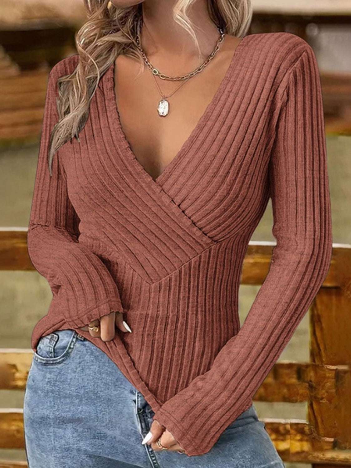 Ribbed Surplice Long Sleeve T-Shirt - aurelia-clothing-8955