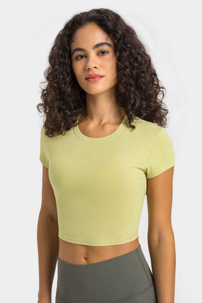 Round Neck Short Sleeve Cropped Sports T-Shirt - aurelia-clothing-8955