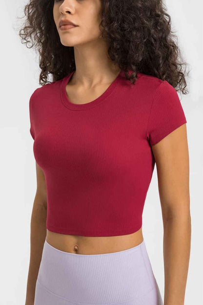 Round Neck Short Sleeve Cropped Sports T-Shirt - aurelia-clothing-8955