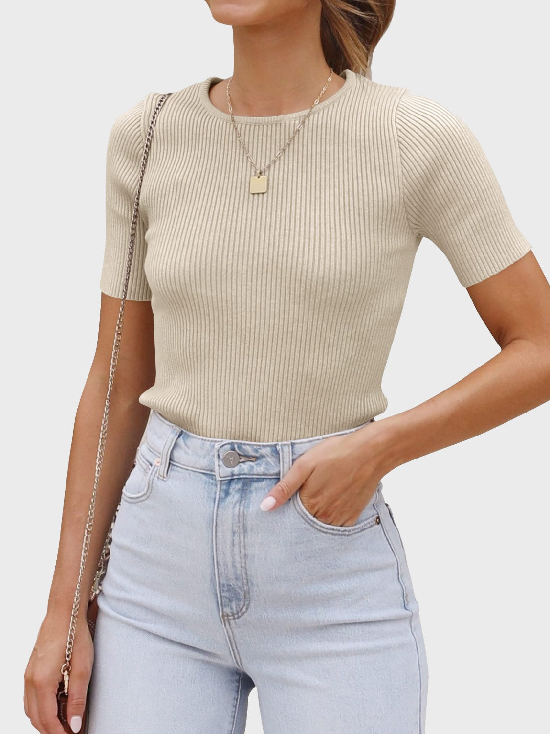 Round Neck Short Sleeve Knit Top - aurelia-clothing-8955