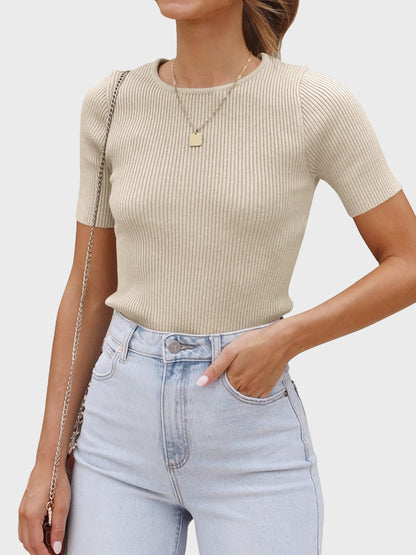 Round Neck Short Sleeve Knit Top - aurelia-clothing-8955