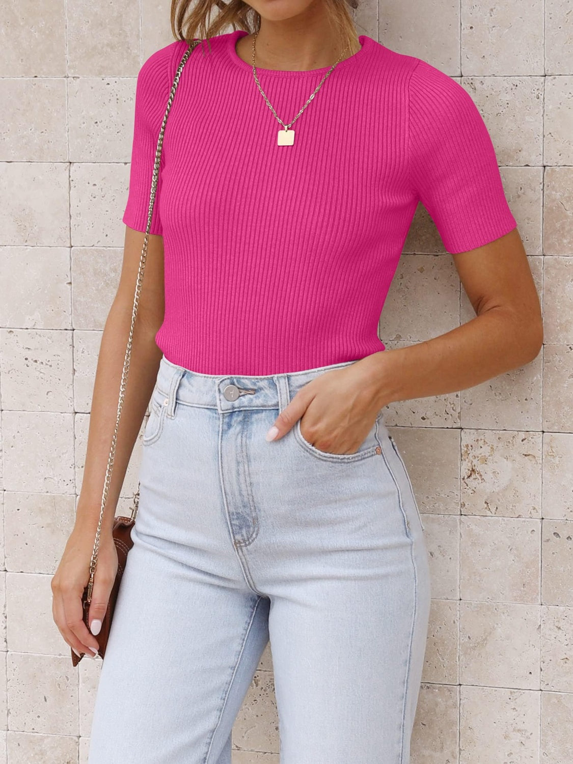 Round Neck Short Sleeve Knit Top - aurelia-clothing-8955