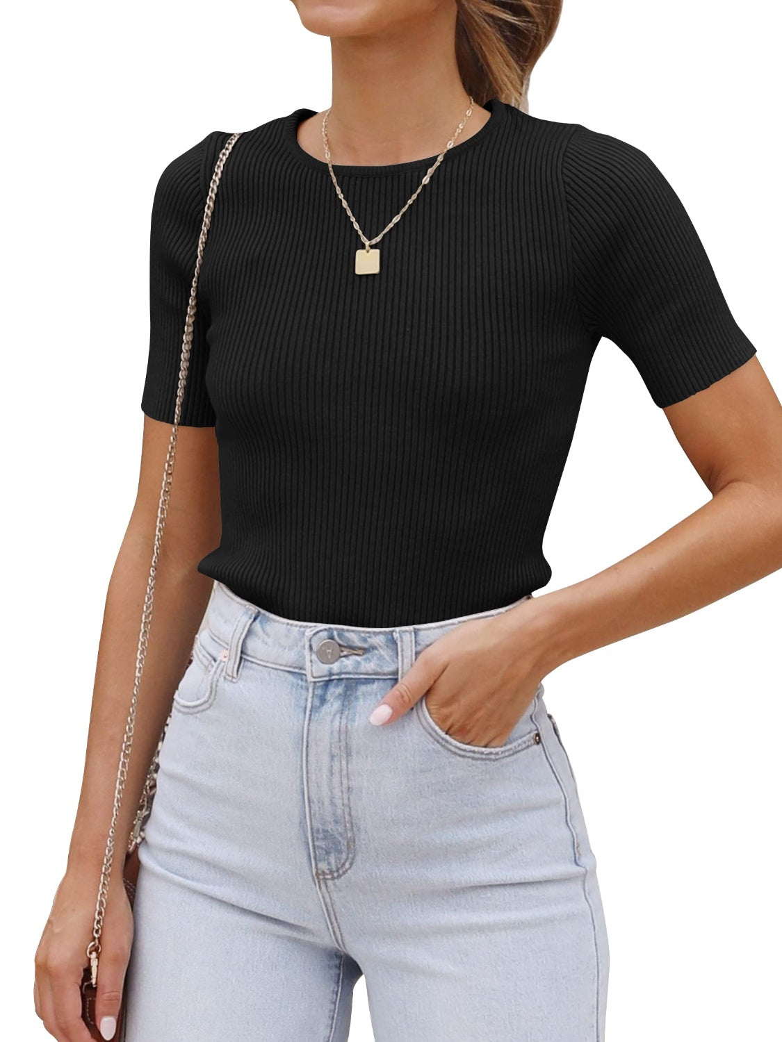 Round Neck Short Sleeve Knit Top - aurelia-clothing-8955