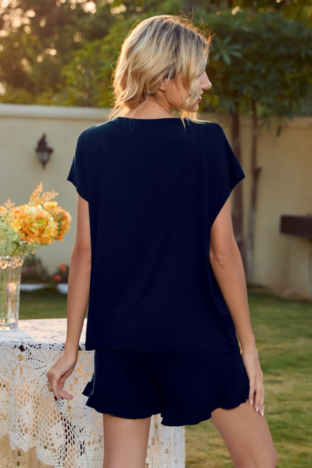 Round Neck Short Sleeve T-Shirt and Drawstring Shorts Lounge Set - aurelia-clothing-8955