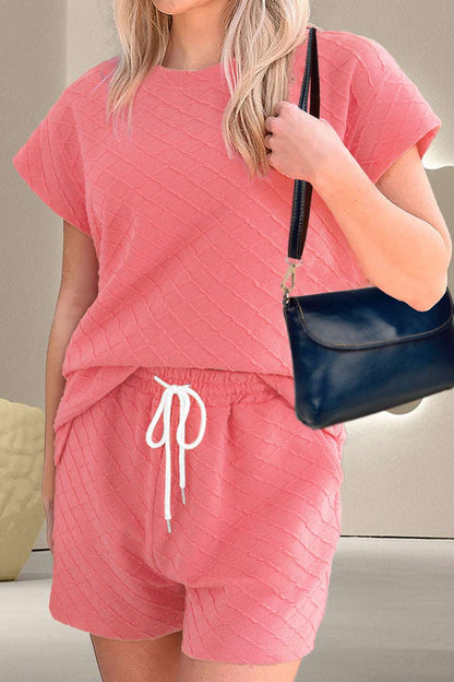 Round Neck Short Sleeve Top and Drawstring Shorts Set - aurelia-clothing-8955
