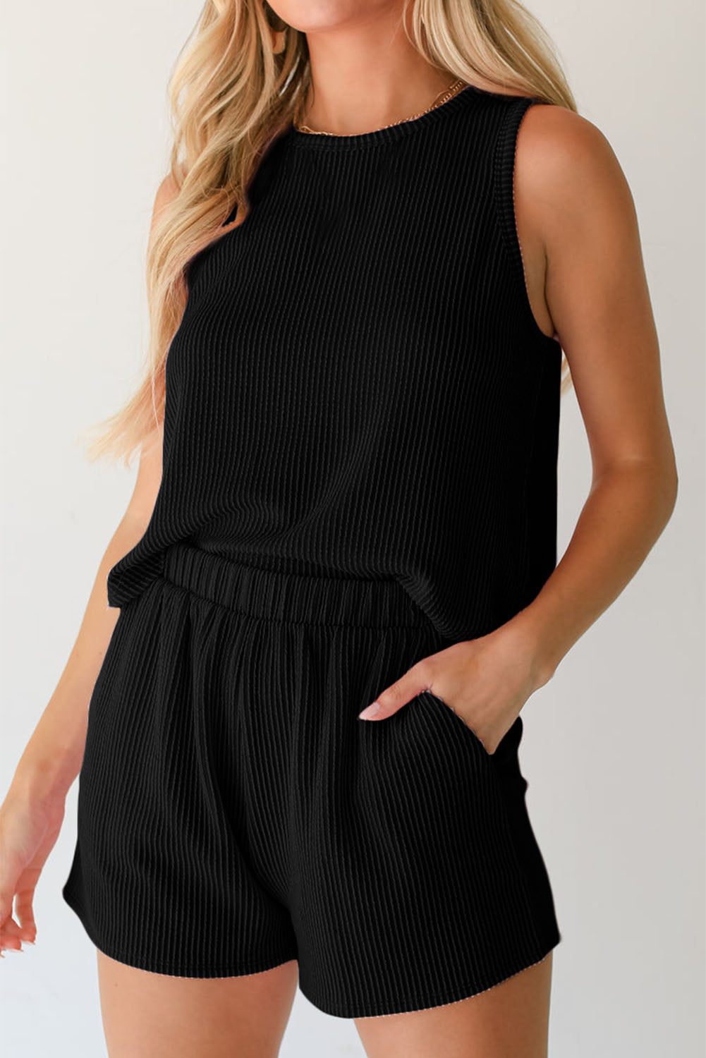 Round Neck Sleeveless Top and Shorts Set - aurelia-clothing-8955
