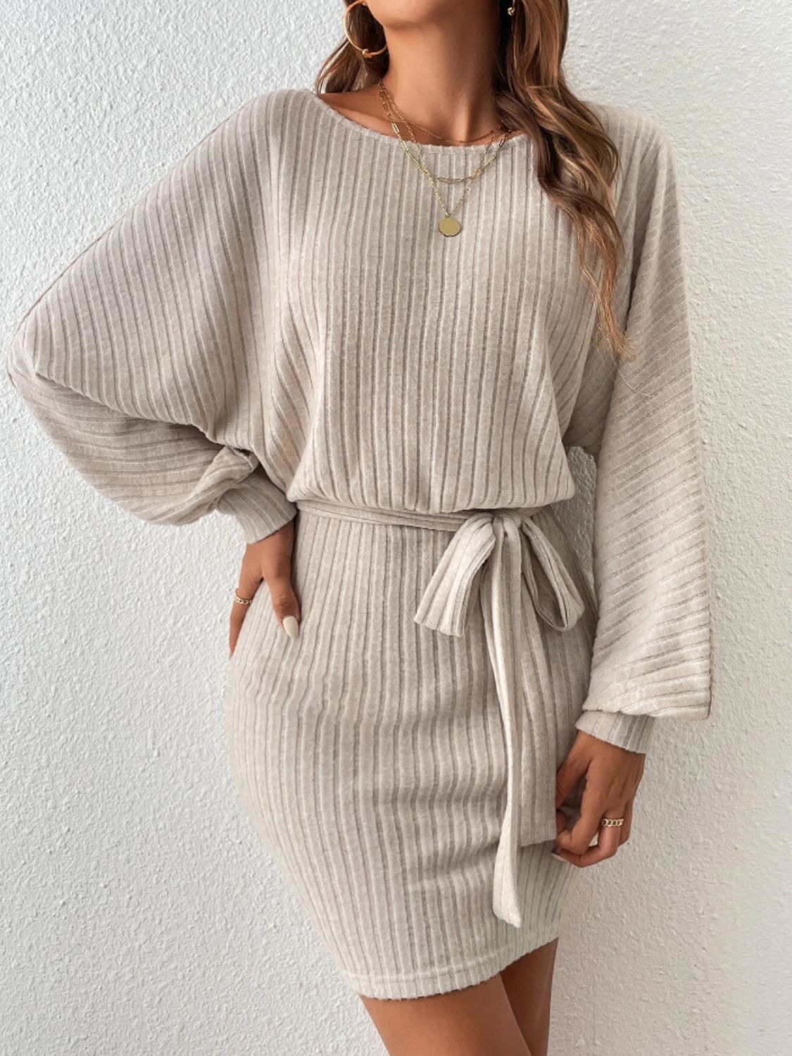 Round Neck Tie Waist Long Sleeve Mini Dress - Free Shipping - aurelia-clothing-8955