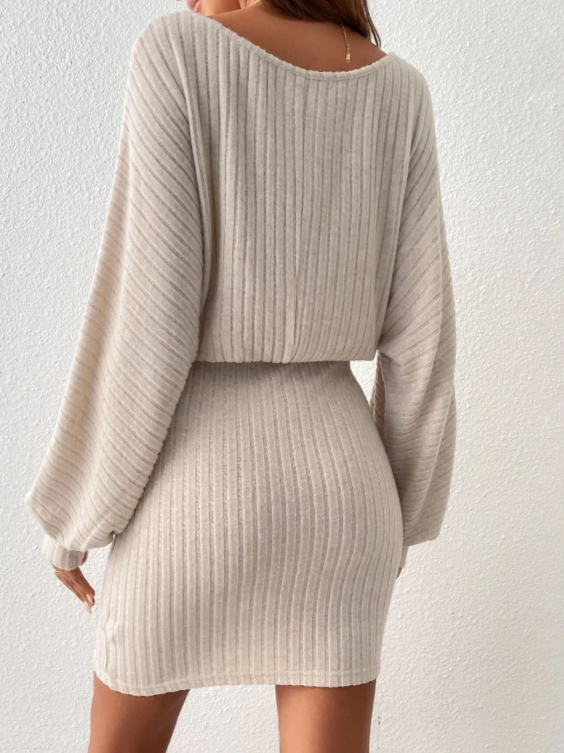 Round Neck Tie Waist Long Sleeve Mini Dress - Free Shipping - aurelia-clothing-8955