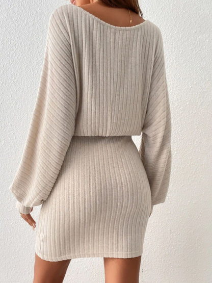 Round Neck Tie Waist Long Sleeve Mini Dress - Free Shipping - aurelia-clothing-8955