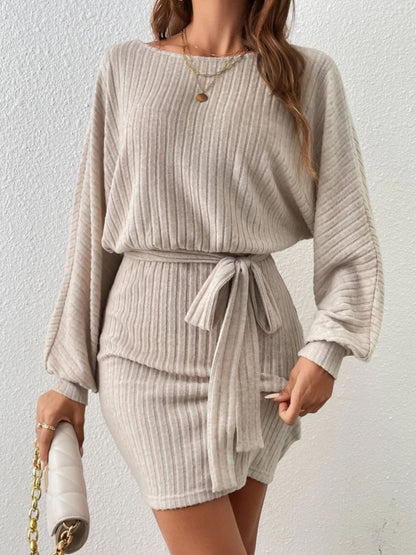 Round Neck Tie Waist Long Sleeve Mini Dress - Free Shipping - aurelia-clothing-8955