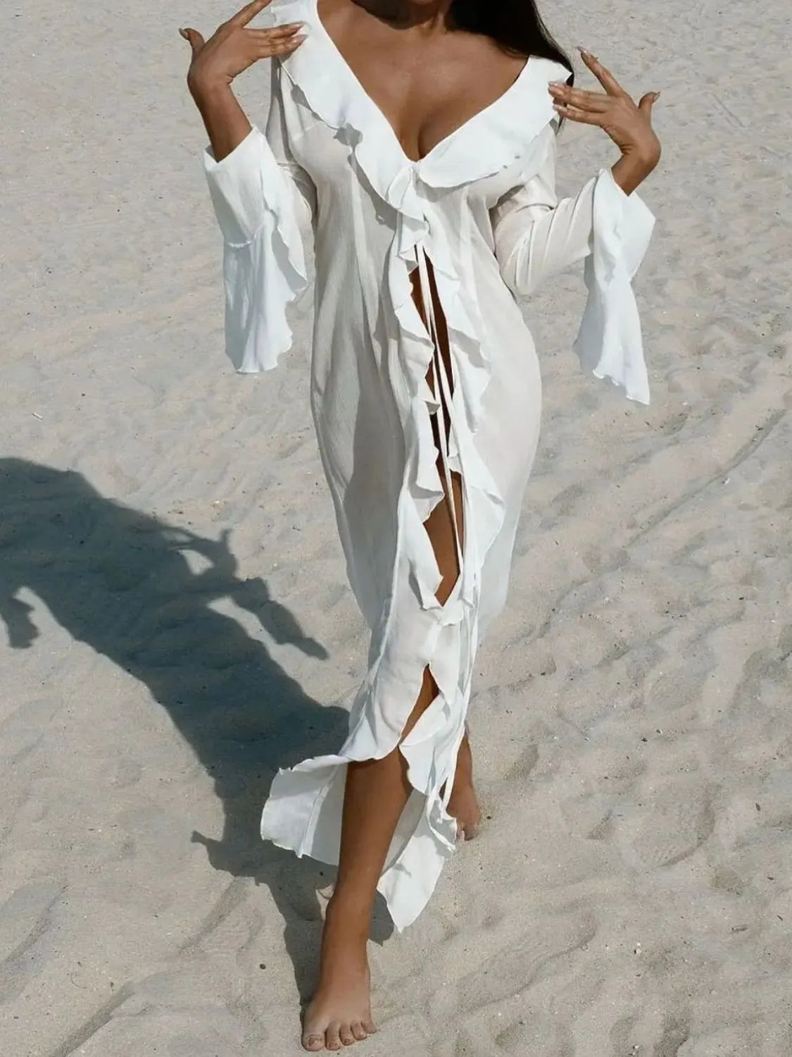 Ruffled Long Sleeve Cover-Up Dress-Free Shipping - aurelia-clothing-8955