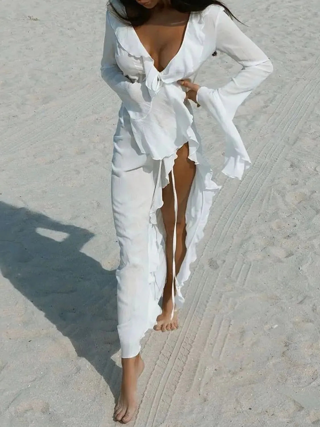 Ruffled Long Sleeve Cover-Up Dress-Free Shipping - aurelia-clothing-8955
