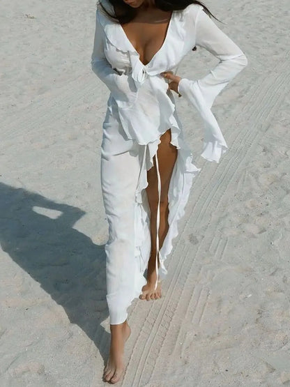 Ruffled Long Sleeve Cover-Up Dress-Free Shipping - aurelia-clothing-8955