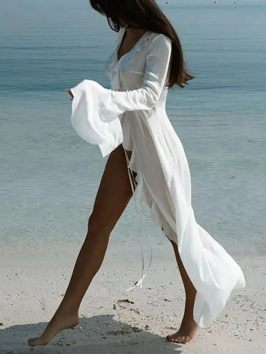 Ruffled Long Sleeve Cover-Up Dress-Free Shipping - aurelia-clothing-8955