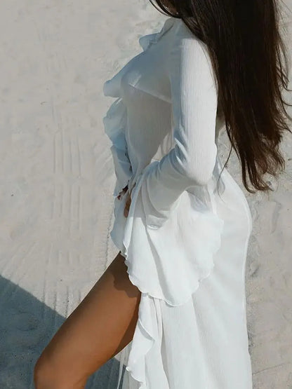 Ruffled Long Sleeve Cover-Up Dress-Free Shipping - aurelia-clothing-8955