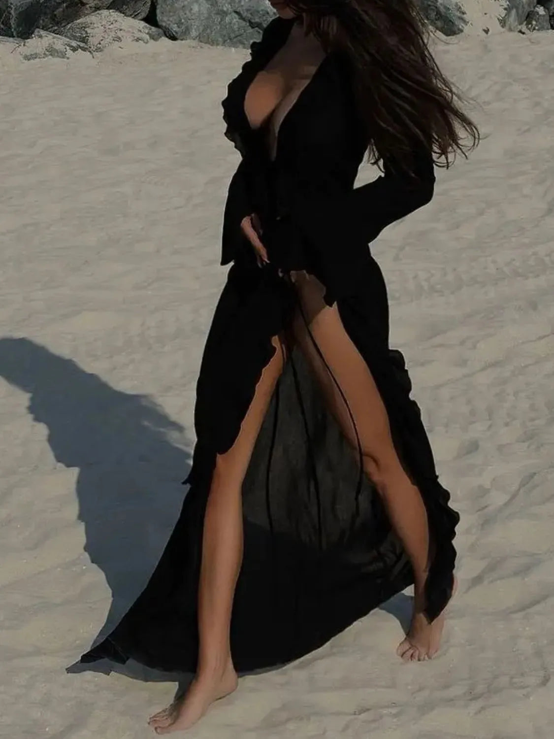 Ruffled Long Sleeve Cover-Up Dress-Free Shipping - aurelia-clothing-8955