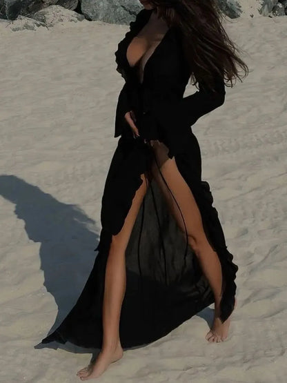 Ruffled Long Sleeve Cover-Up Dress-Free Shipping - aurelia-clothing-8955