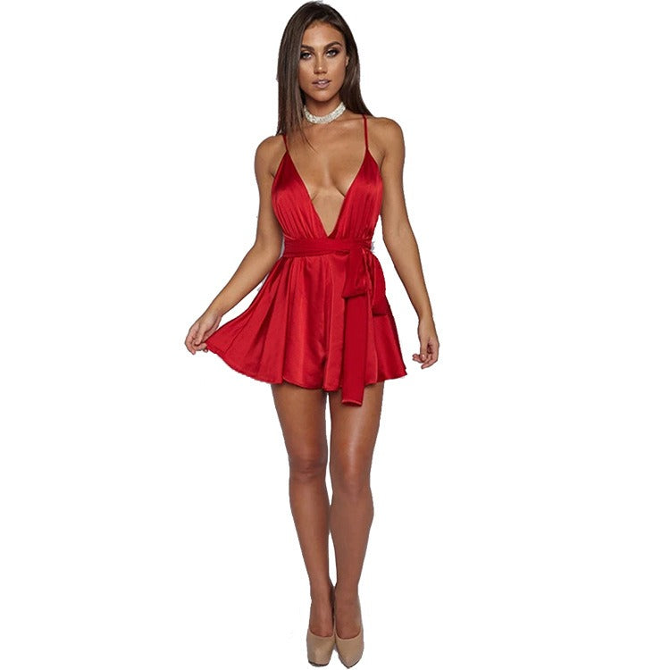 Satin deep V-low cut long lace up tied skirt pants with bare back short suspender dress - Free Shipping - aurelia-clothing-8955