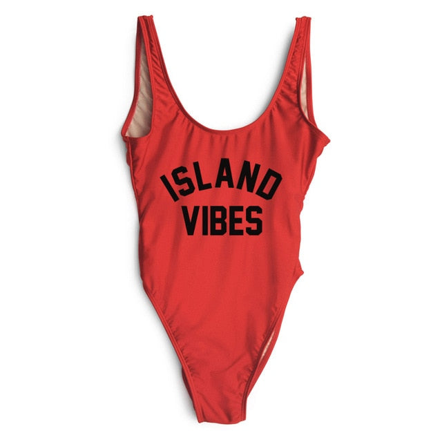 Sexy Swimwear Women ISLAND VIBES Letter Print Swimwear Women High Cut Low Back Bathing Suits - Free Shipping - aurelia-clothing-8955