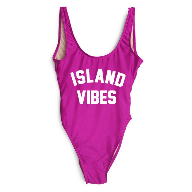 Sexy Swimwear Women ISLAND VIBES Letter Print Swimwear Women High Cut Low Back Bathing Suits - Free Shipping - aurelia-clothing-8955