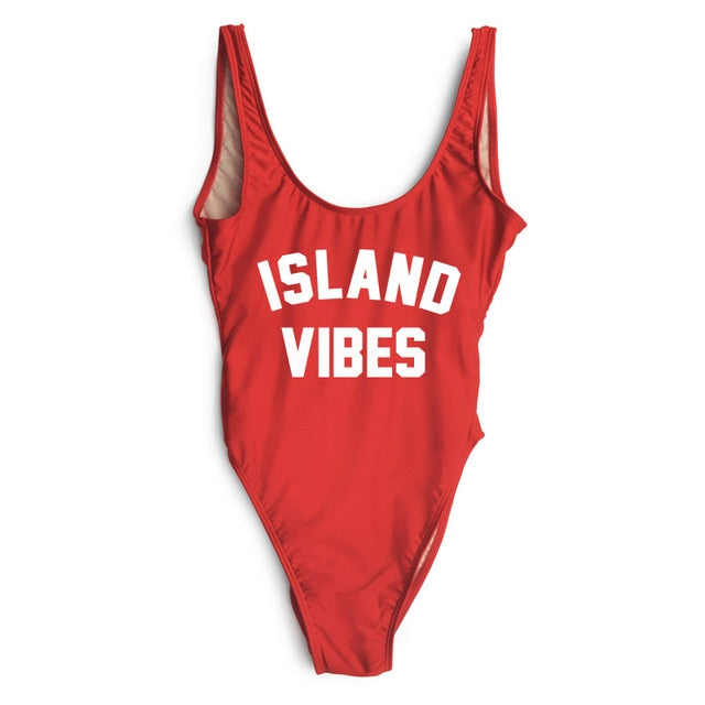 Sexy Swimwear Women ISLAND VIBES Letter Print Swimwear Women High Cut Low Back Bathing Suits - Free Shipping - aurelia-clothing-8955