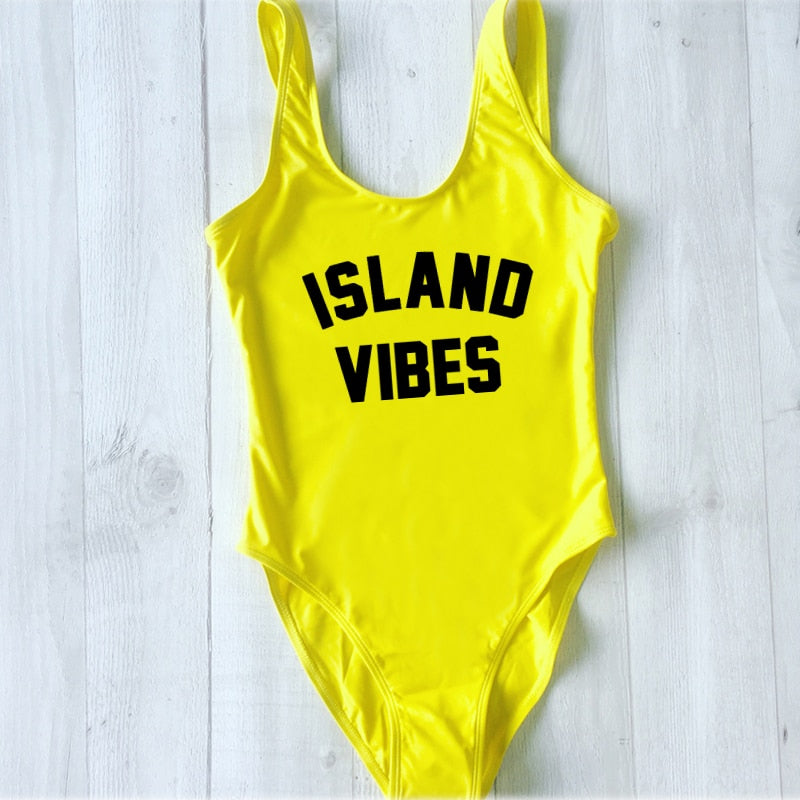 Sexy Swimwear Women ISLAND VIBES Letter Print Swimwear Women High Cut Low Back Bathing Suits - Free Shipping - aurelia-clothing-8955