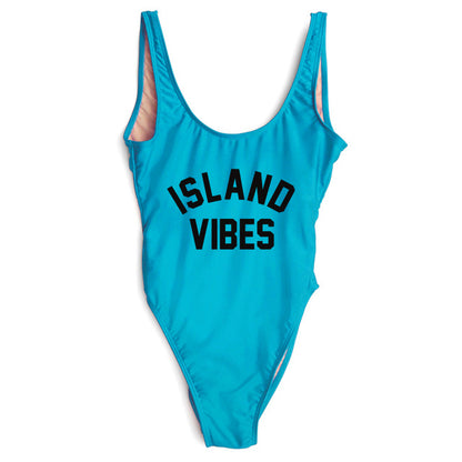 Sexy Swimwear Women ISLAND VIBES Letter Print Swimwear Women High Cut Low Back Bathing Suits - Free Shipping - aurelia-clothing-8955