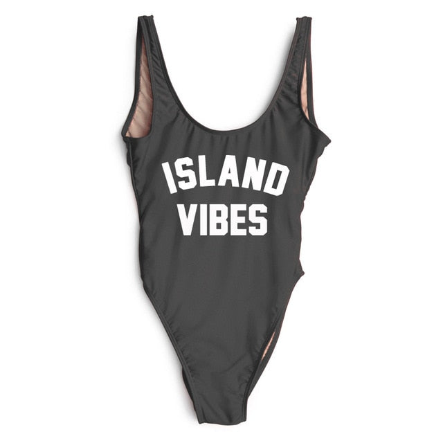 Sexy Swimwear Women ISLAND VIBES Letter Print Swimwear Women High Cut Low Back Bathing Suits - Free Shipping - aurelia-clothing-8955