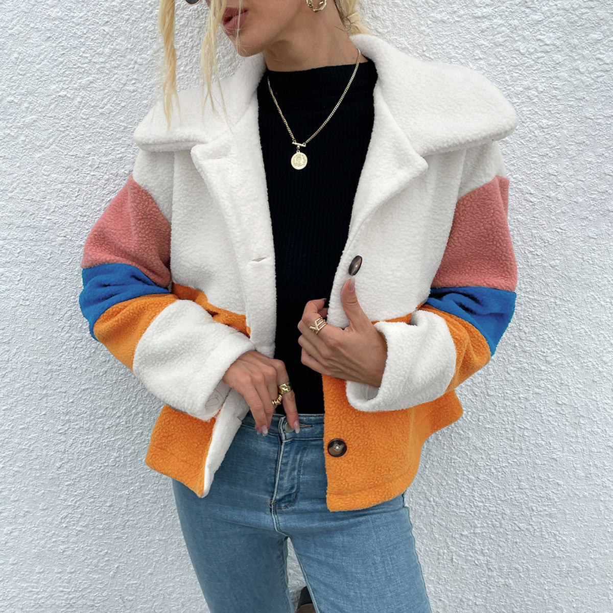 Shiny Color Block Button Down Collared Jacket - aurelia-clothing-8955