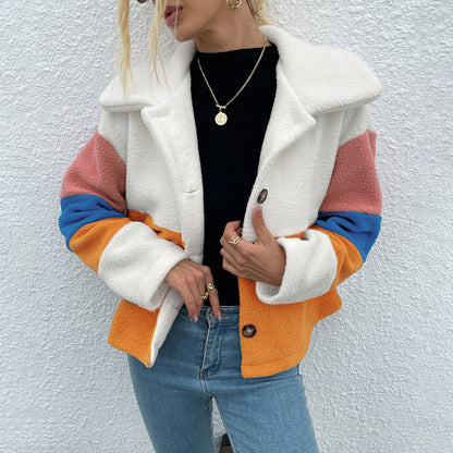 Shiny Color Block Button Down Collared Jacket - aurelia-clothing-8955
