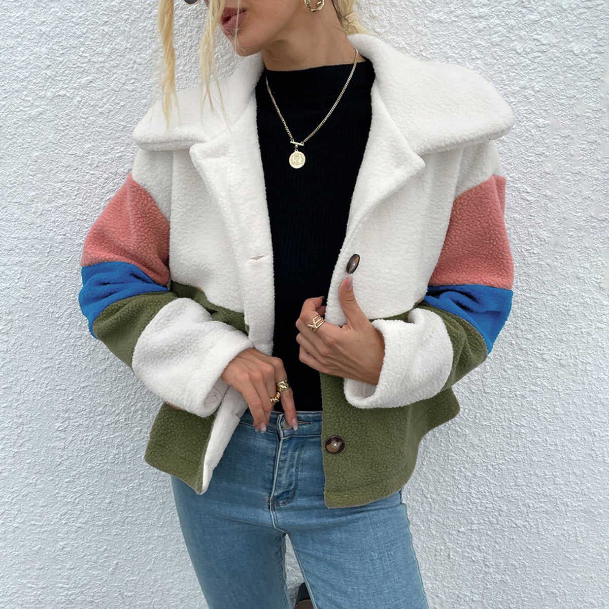 Shiny Color Block Button Down Collared Jacket - aurelia-clothing-8955